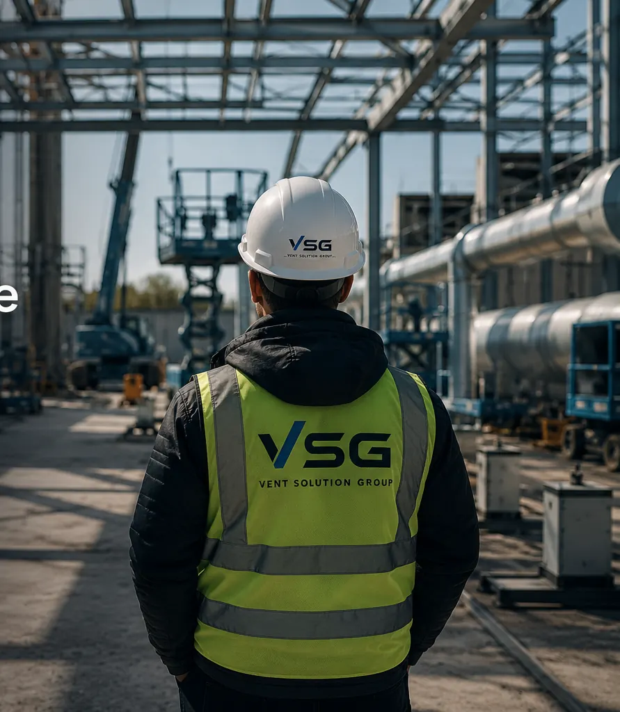 VSG site supervisor in branded helmet and vest overlooking an industrial construction site