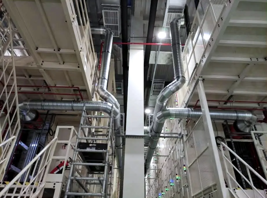 Spiral ventilation ductwork installed in an industrial production plant